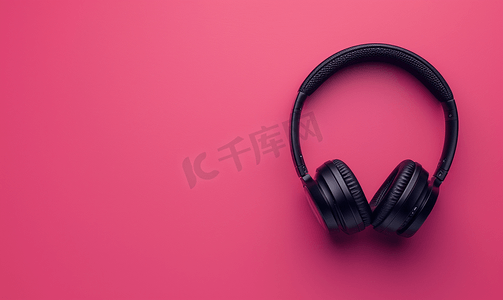 立体声麦克风摄影照片_音乐聆听概念黑色耳机位于粉红色背景上