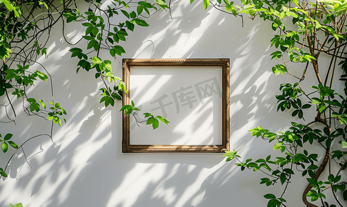 绿叶标志摄影照片_垂悬在绿叶覆盖的白墙上的美丽旧铁框