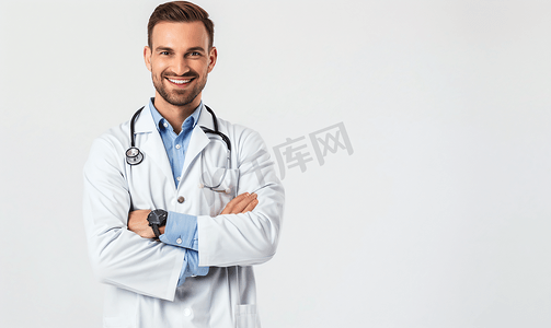 医疗保健 职业医学微笑的男医生穿着白色外套白色背景
