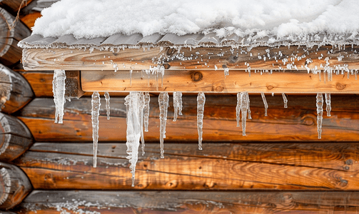木屋屋顶角落的冰柱