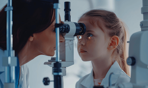 视觉的摄影照片_验光师检查小女孩的视力 — 眼科医生室里的母子