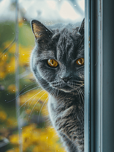 一只愤怒的猫的肖像带着攻击性的表情盯着窗户