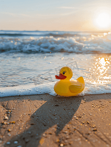 清晨沙滩上的黄色橡皮鸭