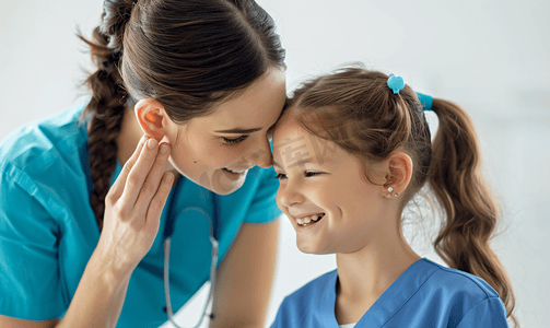 女护士为儿童小朋友检查耳朵