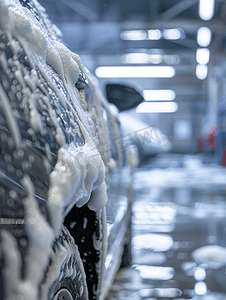 一辆被肥皂泡沫覆盖的汽车同时在室内近距离清洗有选择地聚焦