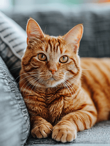 橙色虎斑猫躺在沙发上看着相机