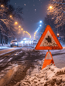 坑附近冬夜街道前方道路施工标志