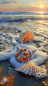 贝壳带珍珠背景图片_夏日海岸海滩波浪海螺贝壳海景背景13
