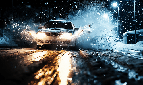 出水cc摄影照片_冬夜路上行驶的白色汽车喷出脏水