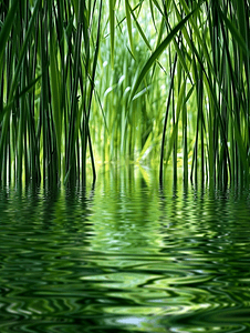 芦苇水摄影照片_河水中长出许多绿色的芦苇茎无与伦比的长茎芦苇