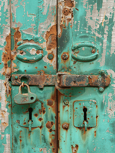 旧挂锁摄影照片_带锁的外旧门的金属表面