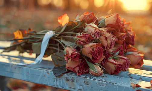 日落时分一束用白丝带绑着的干玫瑰花放在长凳上