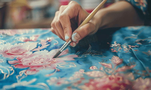 彩绘花卉摄影照片_画家在丝绸上绘制带有花卉图案的蜡染