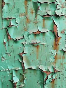 绿色平面背景摄影照片_生锈的金属板表面上的绿色油漆剥落