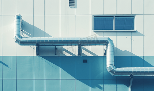 排气摄影照片_白色和蓝色工业建筑外墙上的镀铬通风管