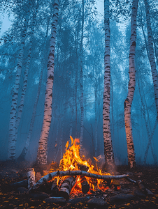 雾夜里的桦树被篝火照亮