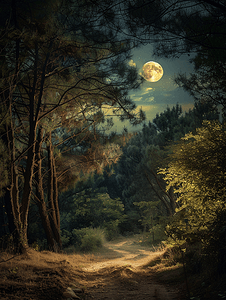 森林夜摄影照片_森林景观中的月光