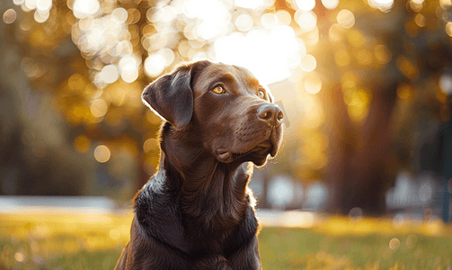 夏日欢乐购摄影照片_夏日公园散步时巧克力拉布拉多猎犬的肖像
