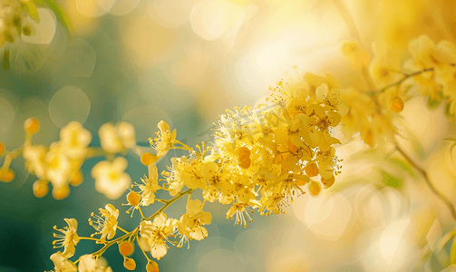 春天金合欢树的黄色花朵特写