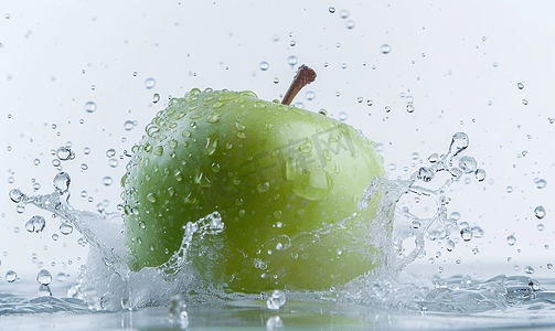 动态水摄影照片_水半苹果绿色孤立在白色背景上