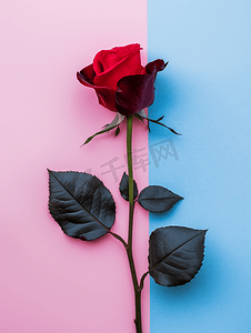 深红色玫瑰花在淡蓝色粉红色和淡紫色背景顶视图上