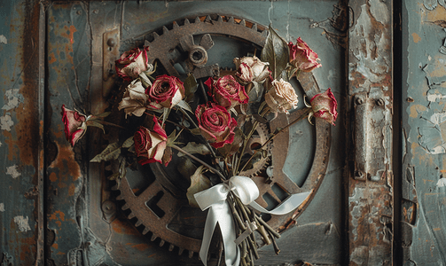 用金属齿轮制成的门上绑着白丝带的干玫瑰花束