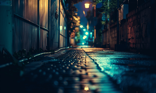 夜间模糊的黑暗城市小巷