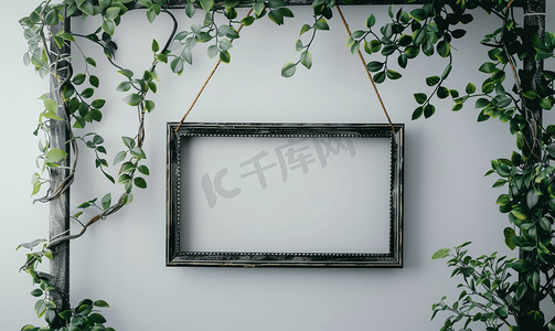 垂悬在绿叶覆盖的白墙上的美丽旧铁框