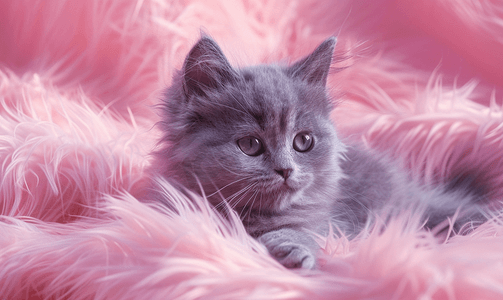 紫色墙壁背景上粉红色蓬松格子上休息的甜蓝色小猫