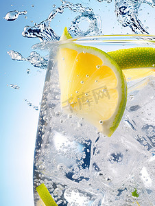 柠檬水和冰块水花特写摄影配图