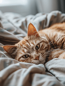 橙色虎斑猫躺在床上看着相机