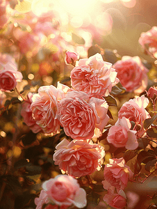 美容夏季摄影照片_晚间花园中的粉红玫瑰夏季花朵花卉背景