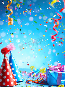 节日气球装饰背景摄影照片_生日派对背景配有派对帽和生日礼物