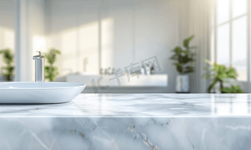 白色污染海报摄影照片_空白色大理石桌面浴室背景模糊