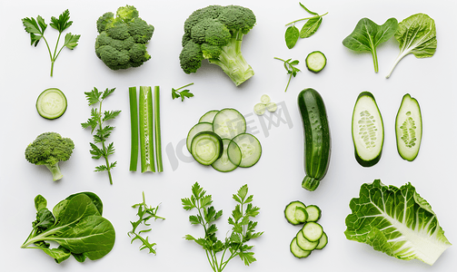 蔬菜概念一些绿色蔬菜排列在白色背景的底部