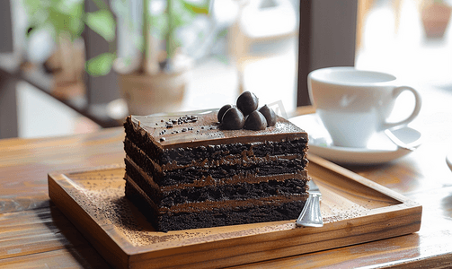 在木托盘上滴上咖啡配上巧克力蛋糕在自然光下的咖啡馆里享受咖啡时光