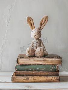 毛绒玩具兔子坐在旧书上