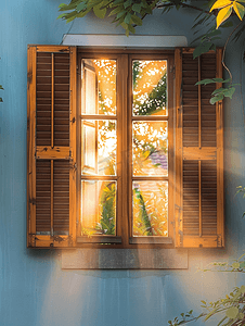 日落时房子里的木窗和棕色百叶窗
