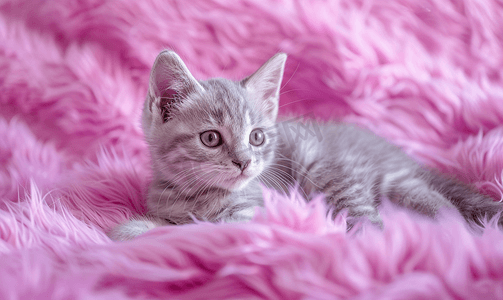 紫色墙壁背景上粉红色蓬松格子上休息的甜蓝色小猫