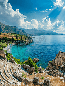 希腊剧院遗址和爱奥尼亚海海岸的景色