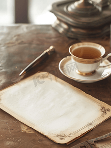 水彩金线笔刷边框摄影照片_桌上的旧空纸笔和茶杯