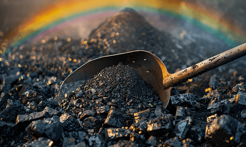 橘色天空摄影照片_铲子上的黑煤对着天空和彩虹能源危机
