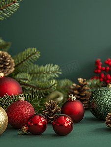 绿色横幅摄影照片_绿色背景中的节日横幅红铃和圣诞树小玩意