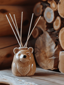 首页儿童摄影照片_木头上的陶瓷纪念品熊头和家用香水扩散器