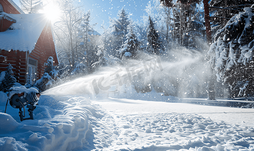 冬季屋外大雪后喷雪机清理积雪