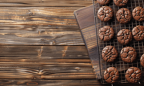 自制糖果巧克力饼干平铺在架子上木质背景上有木托盘