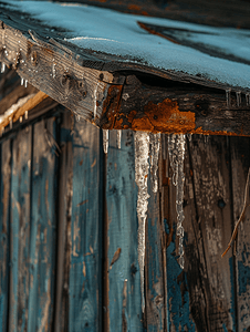 雪屋顶摄影照片_房子木屋顶角上的冰柱