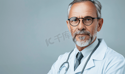 医生护士摄影照片_一名戴眼镜和白色外衣看镜头的医生的肖像
