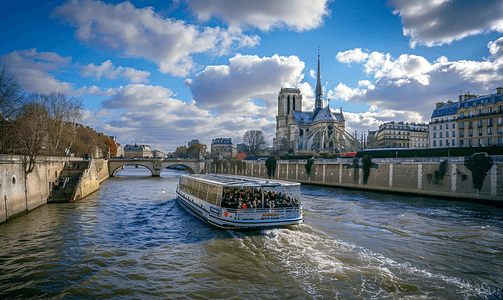 拍摄巴黎圣母院和旅游船