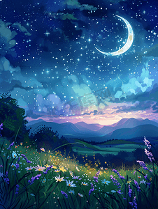 草地上美丽的夜晚有新月和星星